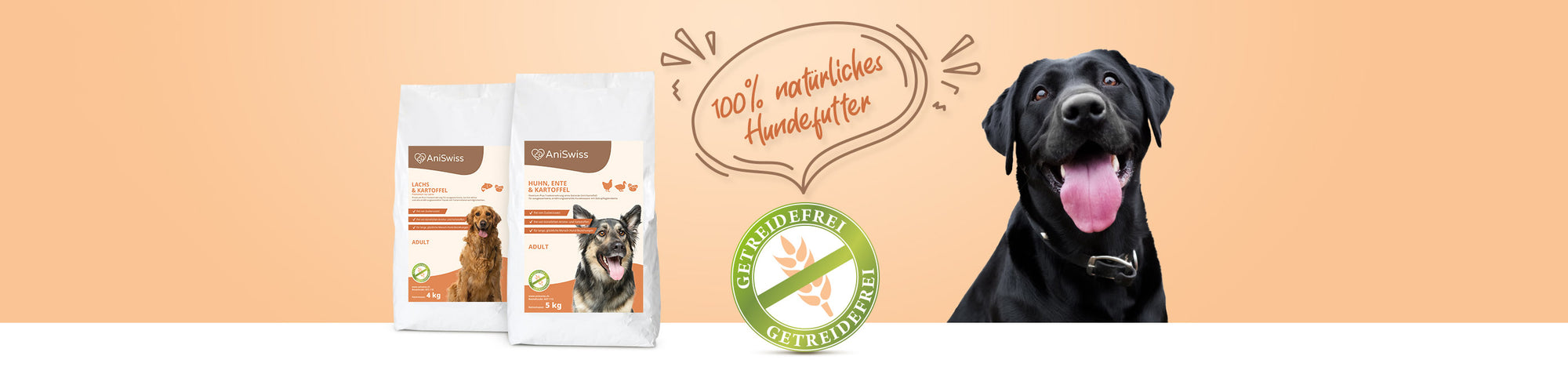 getreidefreies Trockenfutter für Hunde in premium Qualität aus der Schweiz.