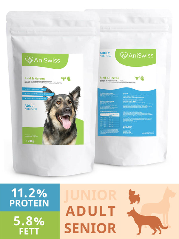 Feines Hundefutter mit viel Fleisch von Rind & Herz - AniSwiss