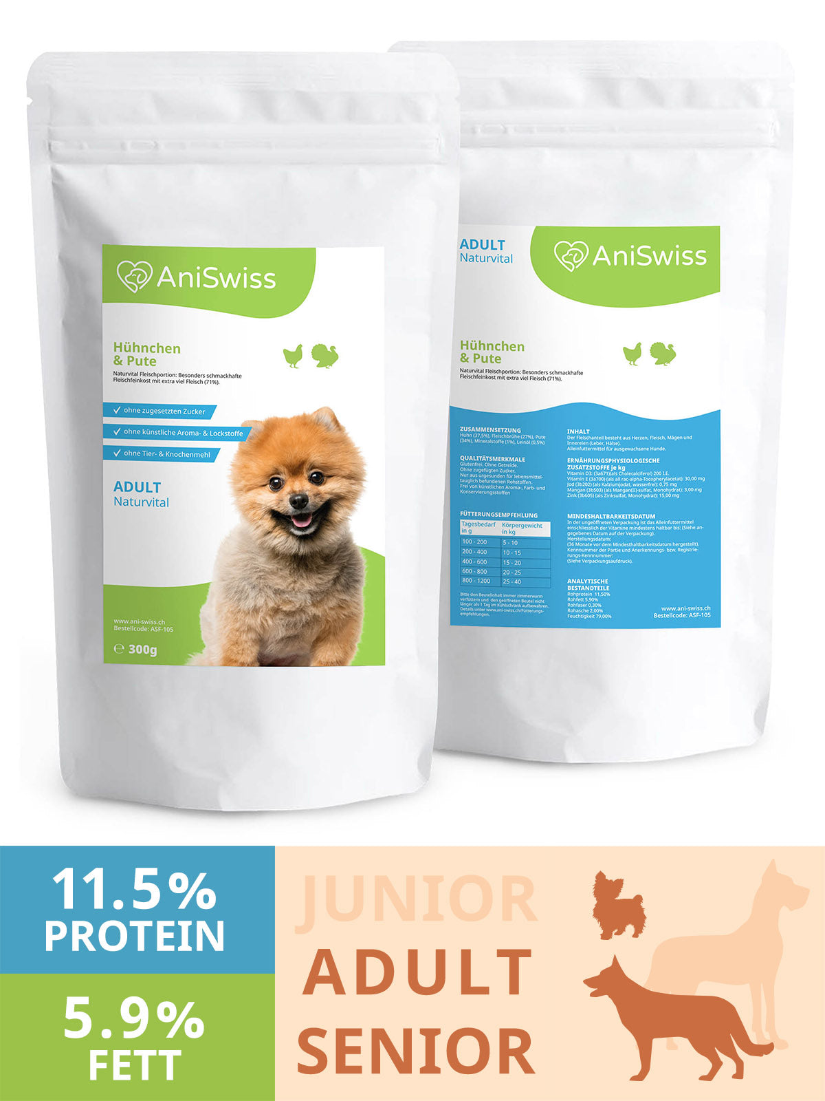 Nassfutter für Hunde - fettarmes Hundefutter - viel Protein im Nassfutter - bestes Hundefutter mit Huhn und Pute - Verpackung Beutel