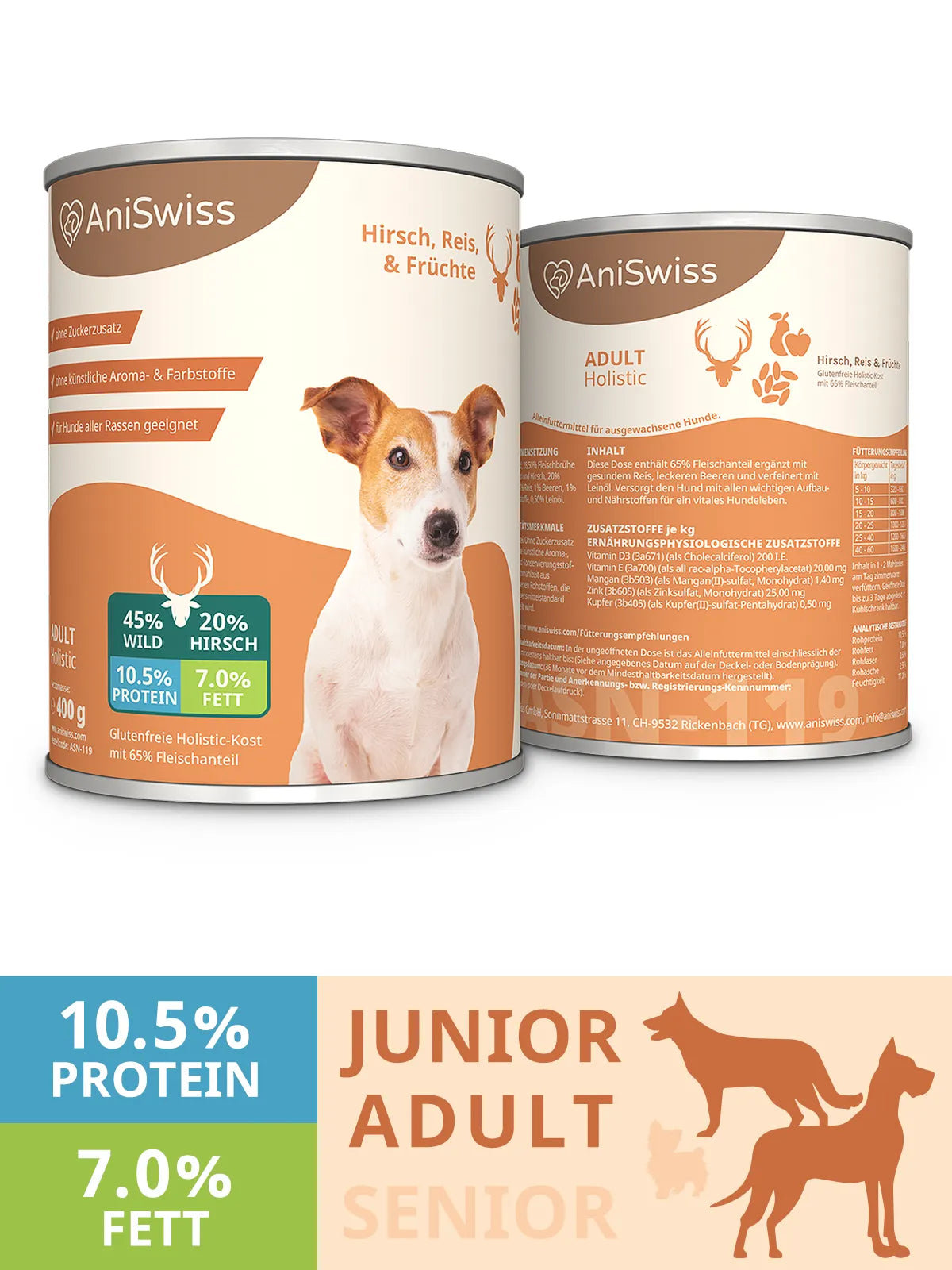 AniSwiss Hundefutter Premium Nahrung mit Hirsch Reis Früchten Bild zeigt Protein- und Fettwerte