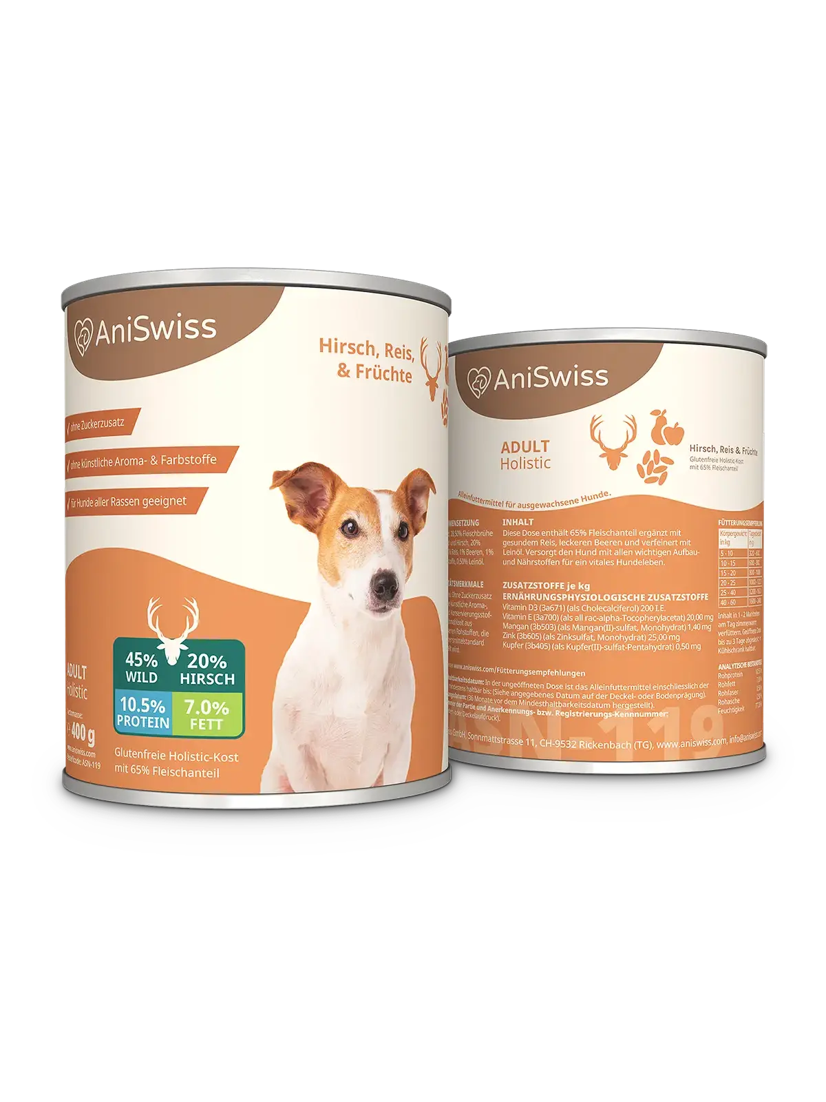 AniSwiss Hundefutter Premium Nahrung mit Hirsch Reis Früchten Bild zeigt Protein- und Fettwerte