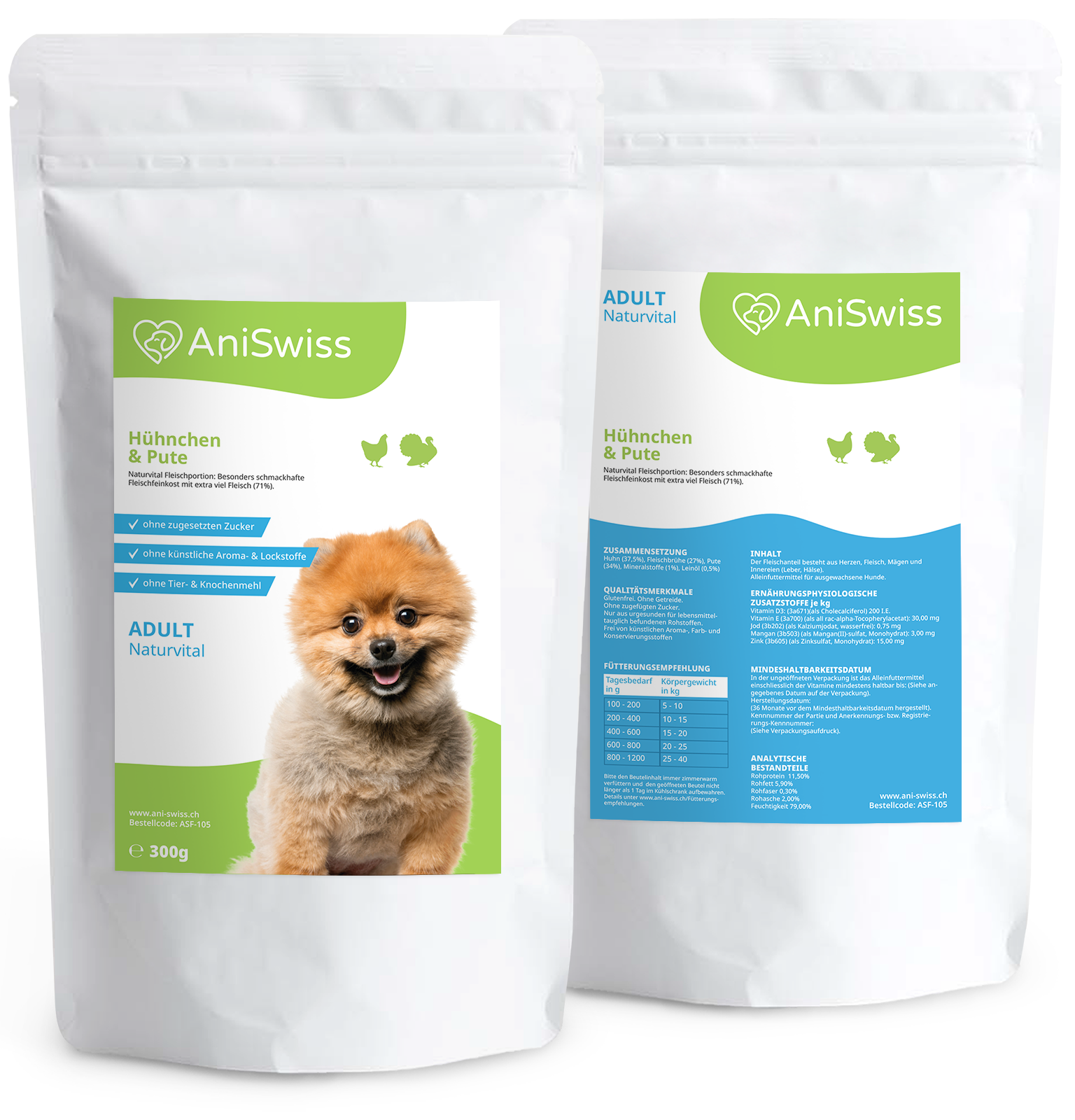 Nassfutter für Hunde - fettarmes Hundefutter - viel Protein im Nassfutter - bestes Hundefutter mit Huhn und Pute - Verpackung Beutel
