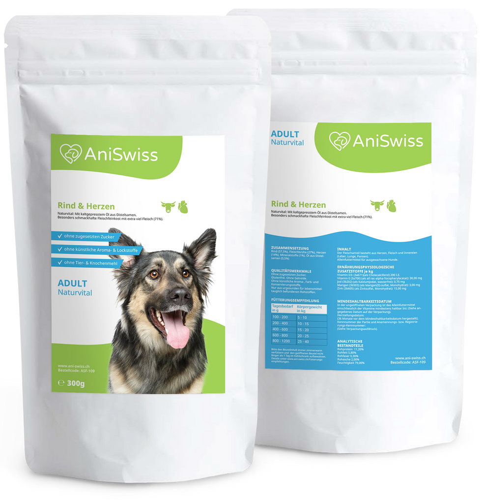 Feines Hundefutter mit viel Fleisch von Rind & Herz - AniSwiss